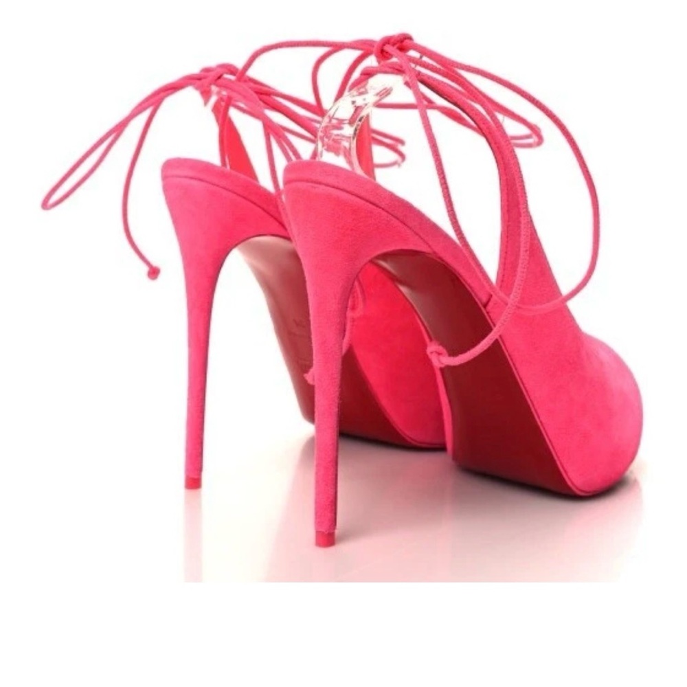 NWT CHRISTIAN LOUBOUTIN Pink Lace Up NVP Suede Peep-toe Sandal EU 39.5 US 8.5 - Picture 6 of 9